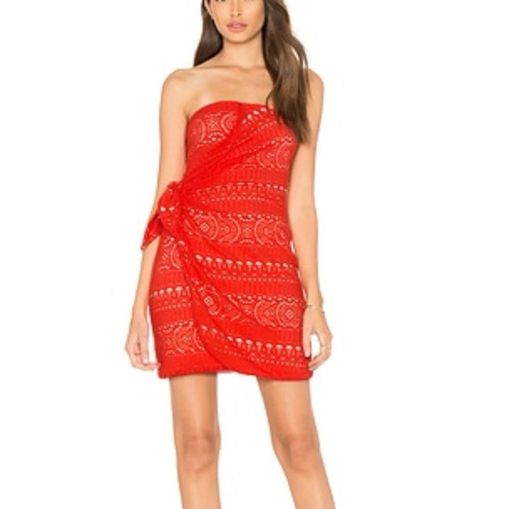 Free People Oceanside Crochet Strapless Mini Dress with Tie In Red Size Small